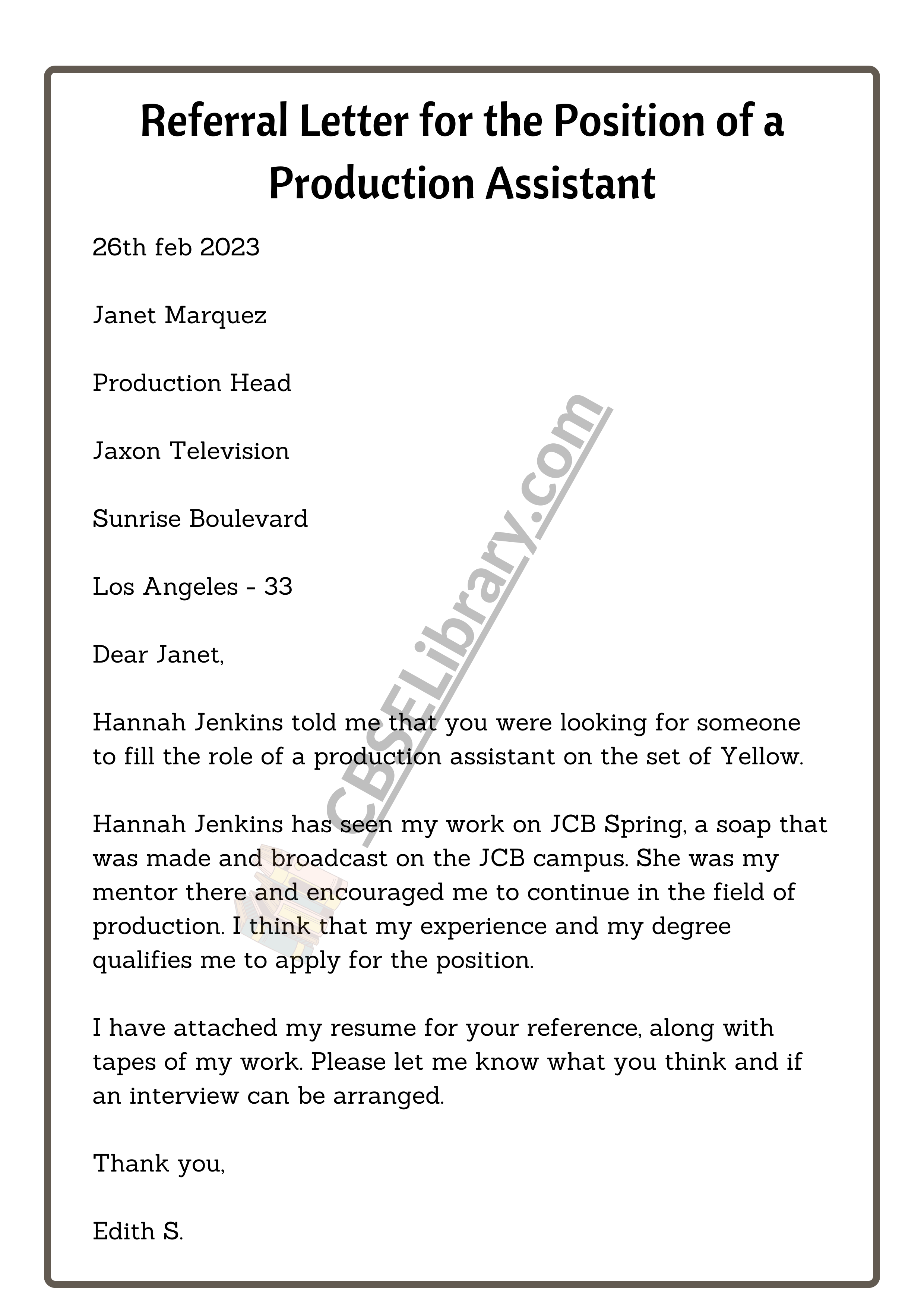 Referral Letter for the Position of a Production Assistant