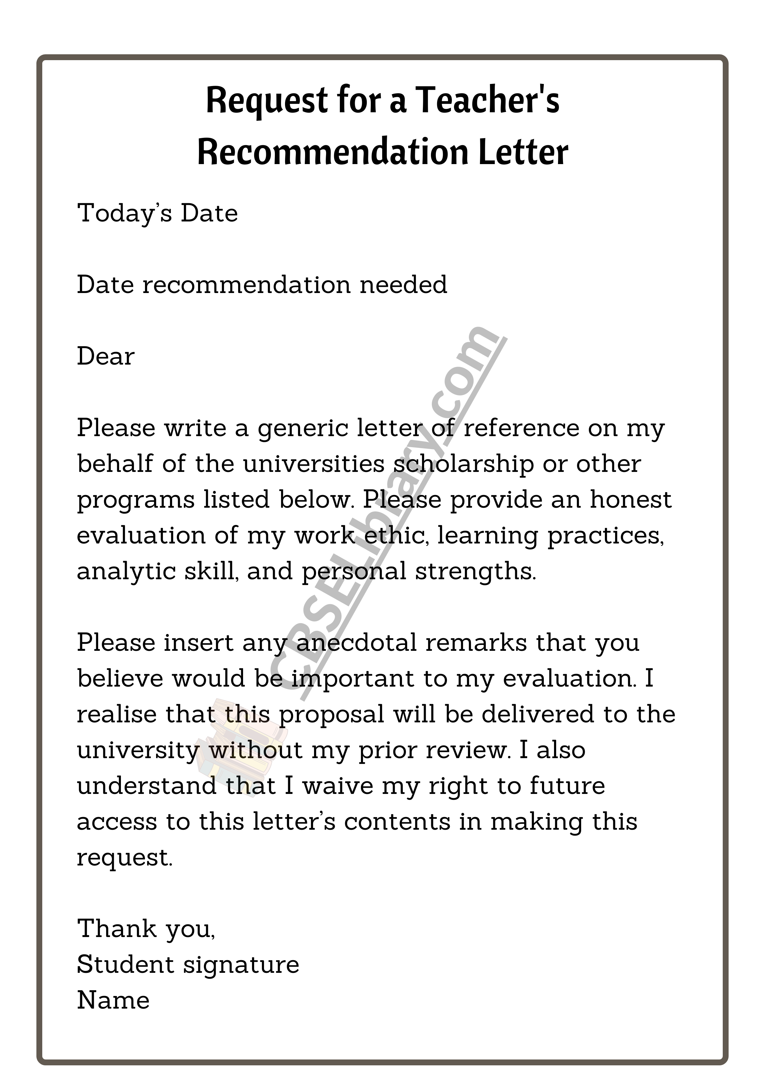 Request for a Teacher's Recommendation Letter