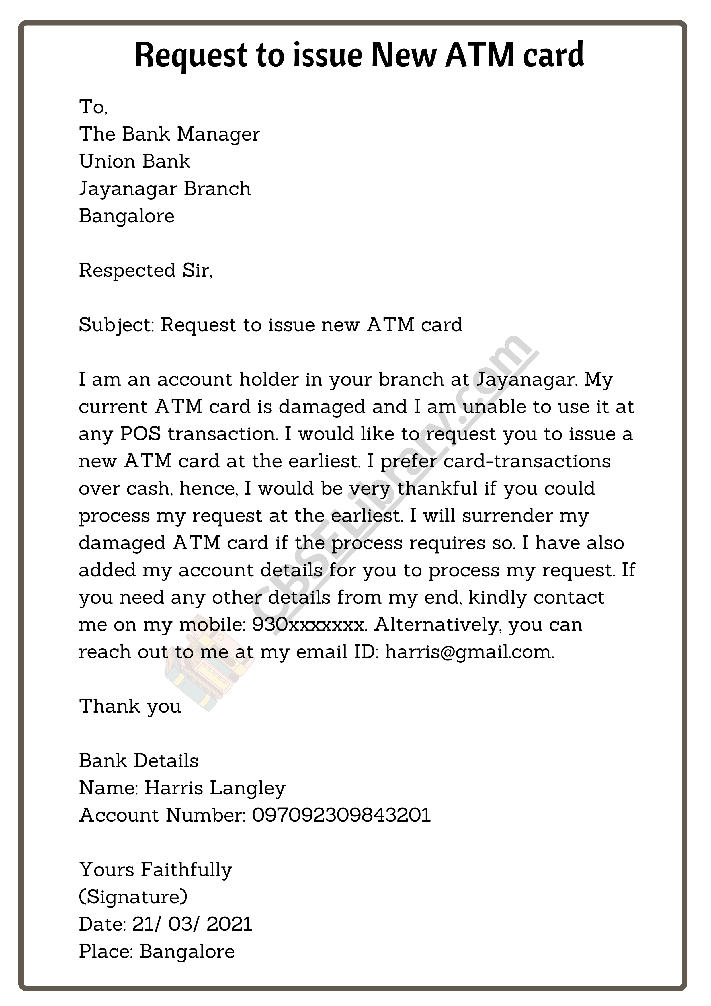 atm card application letter to bank manager