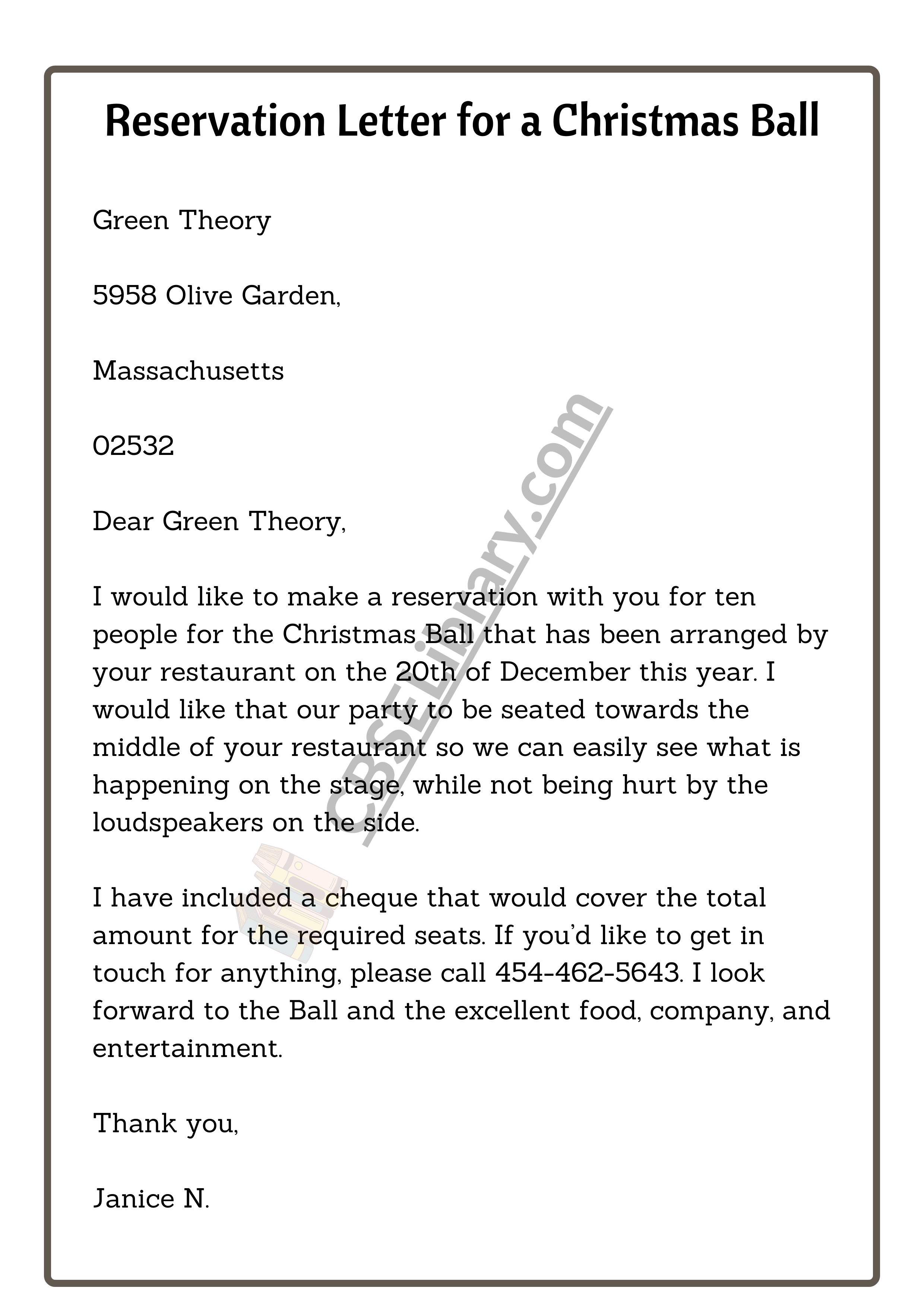 Reservation Letter for a Christmas Ball