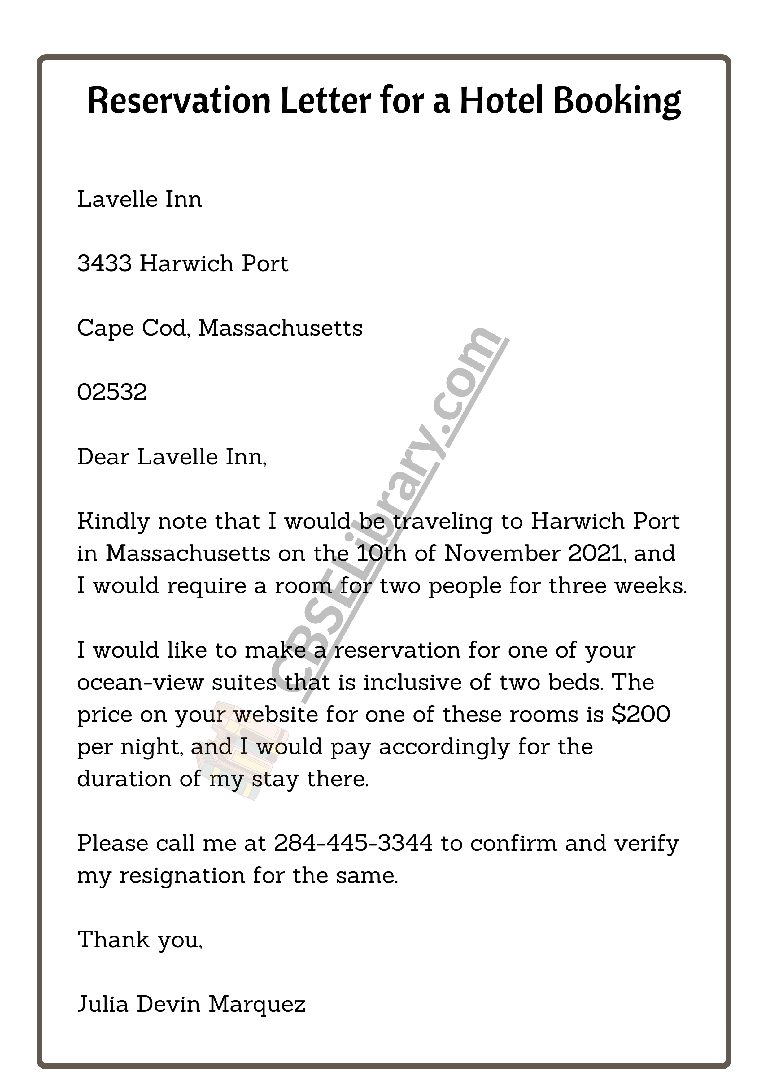 Reservation Letter for a Hotel Booking