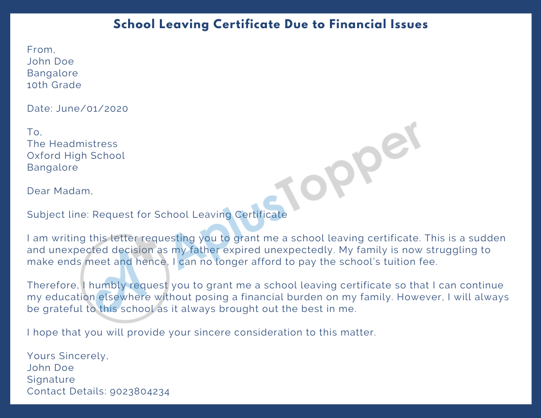 School Leaving Certificate Due to Financial Issues