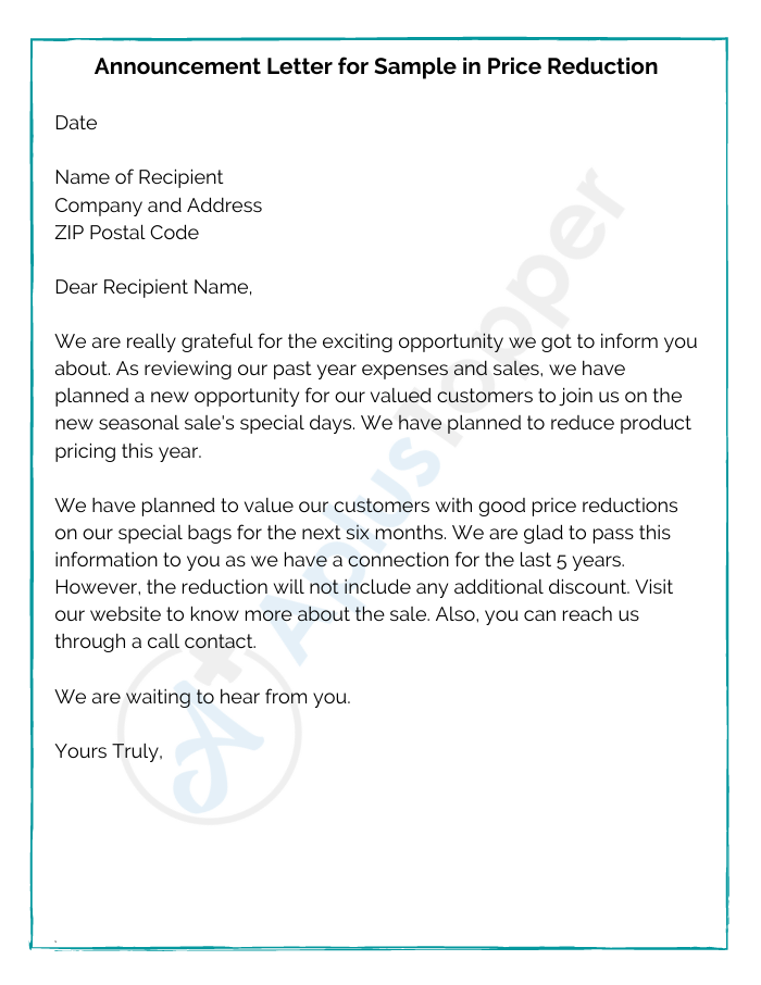 Announcement Letter for Sample in Price Reduction