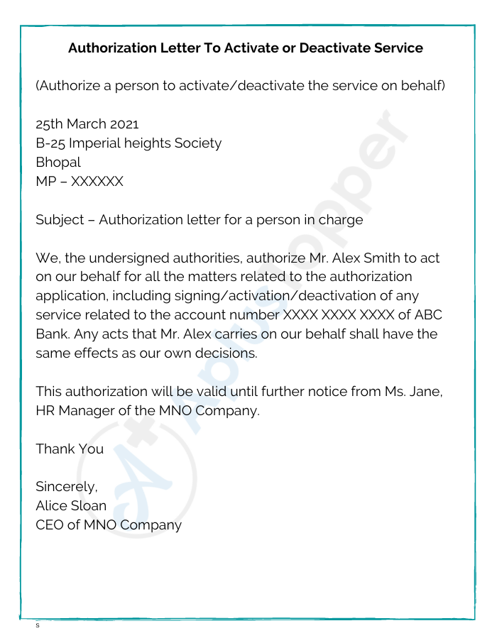 Authorization Letter To Activate or Deactivate Service
