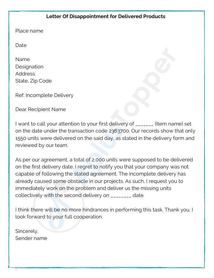 Letter Of Disappointment for Delivered Products