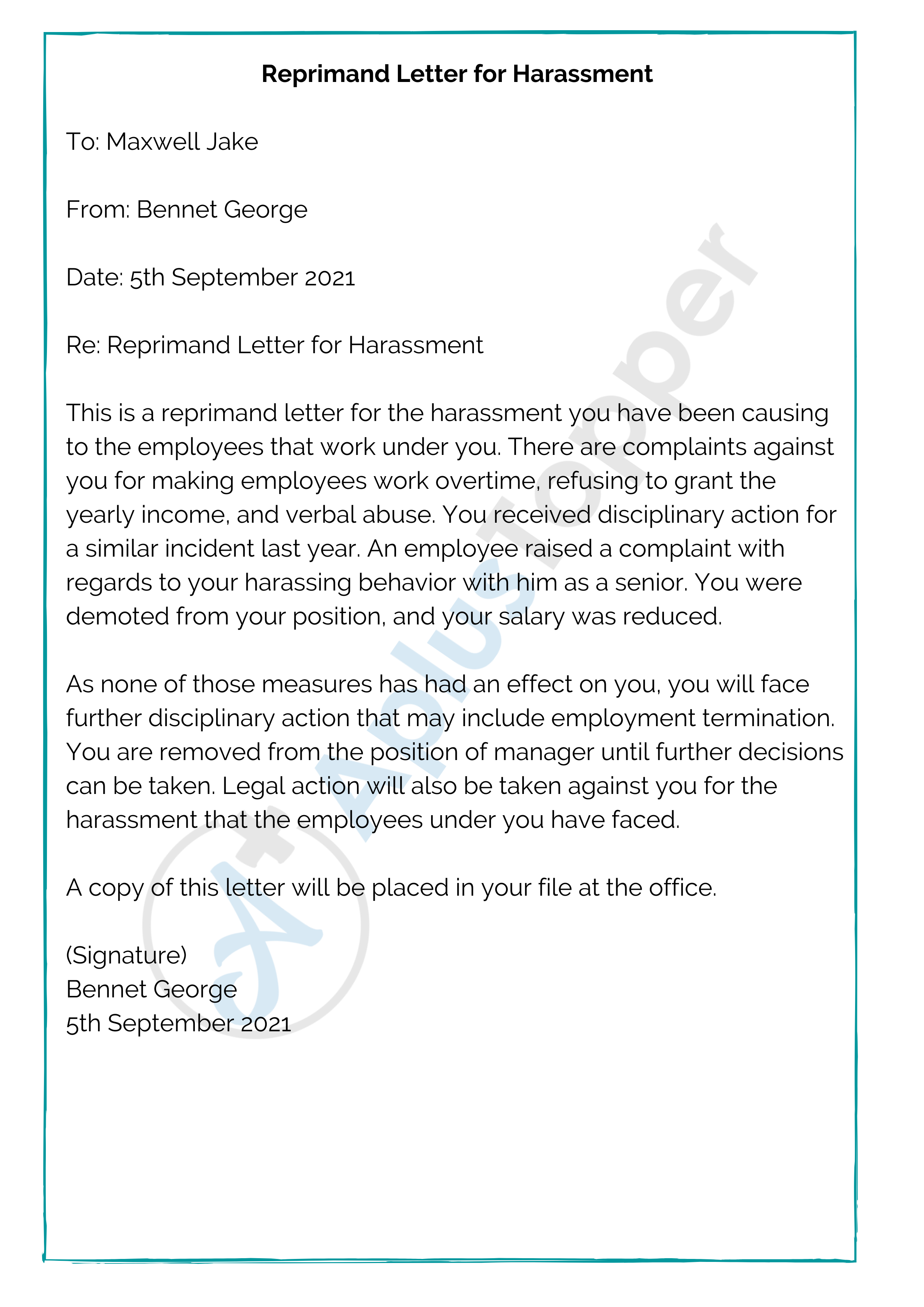 Reprimand Letter for Harassment