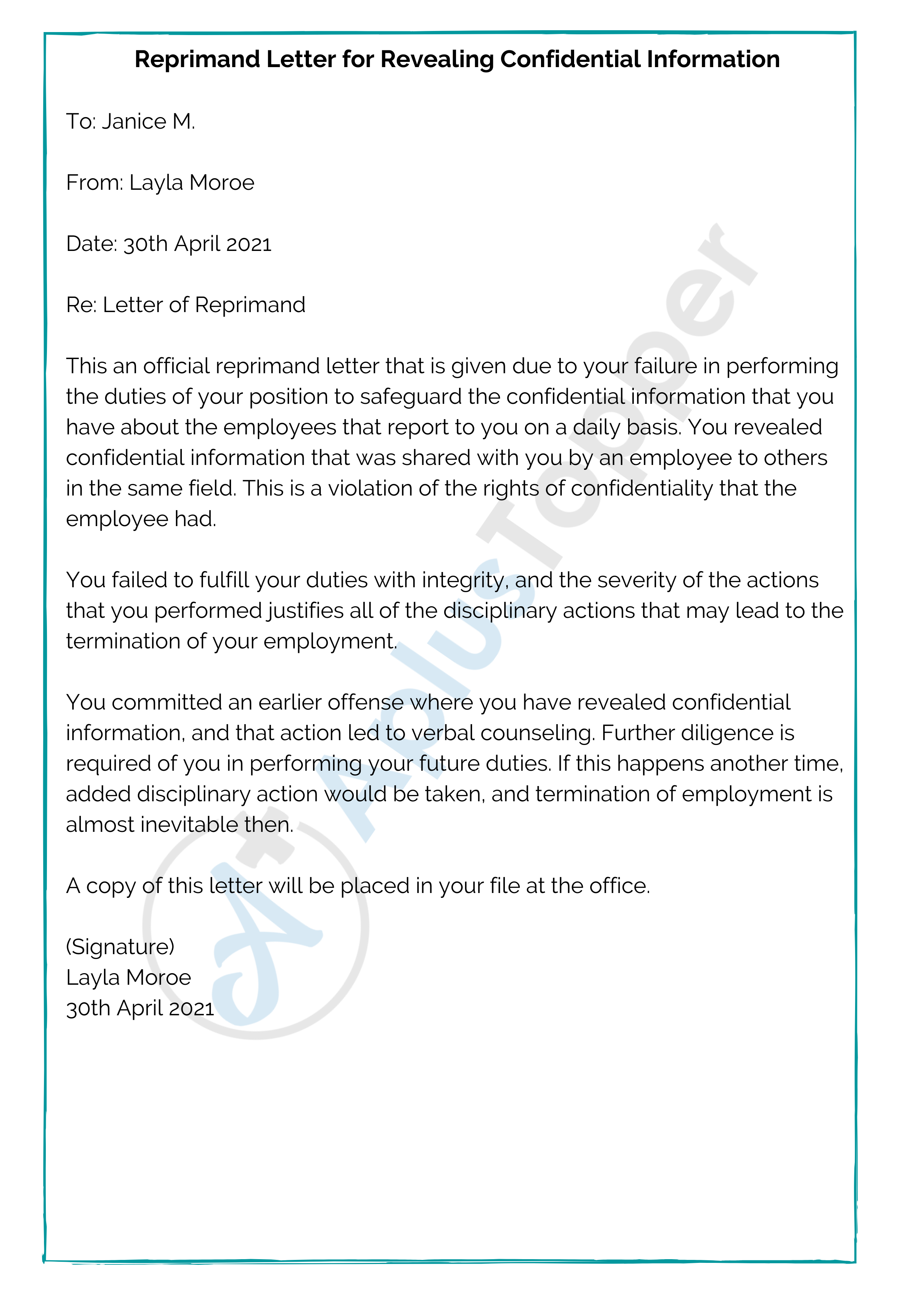 Reprimand Letter for Revealing Confidential Information