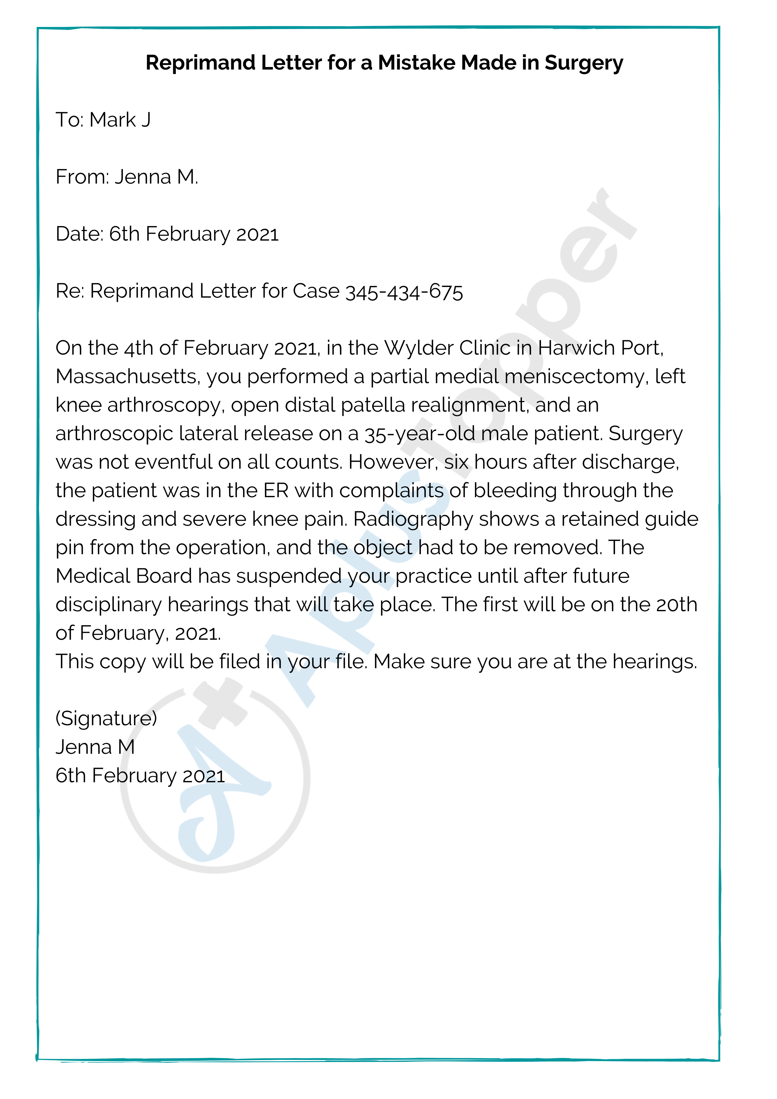 Reprimand Letter for a Mistake Made in Surgery
