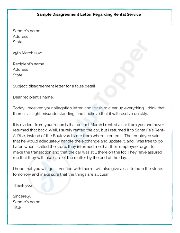 Sample Disagreement Letter Regarding Rental Service