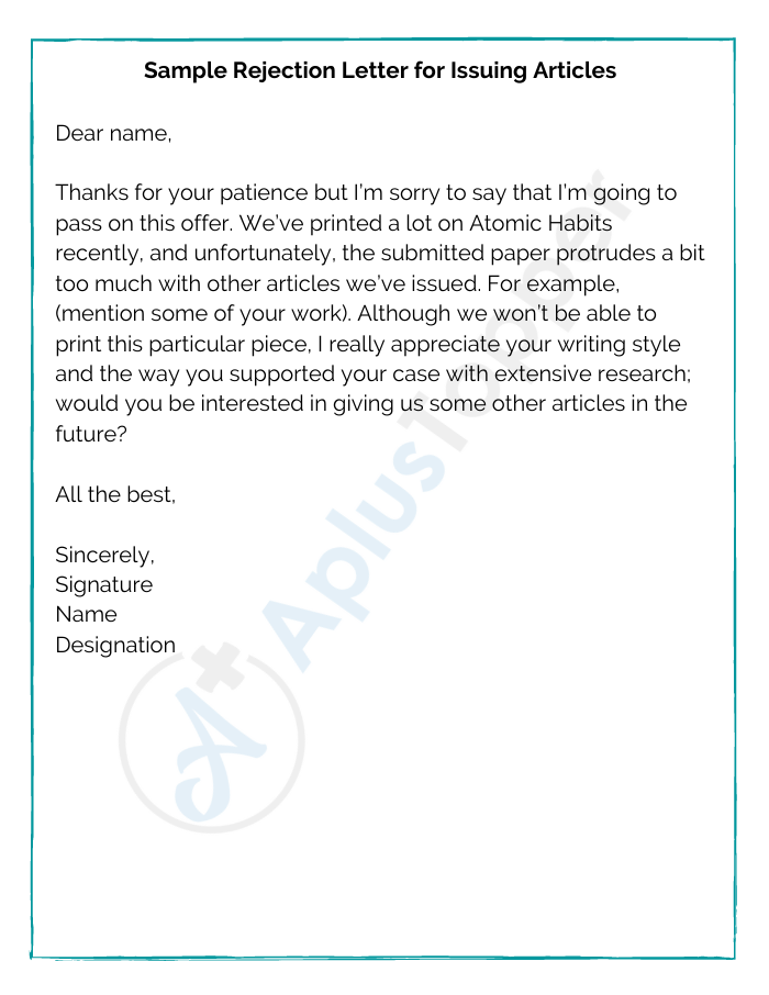 Sample Rejection Letter for Issuing Articles