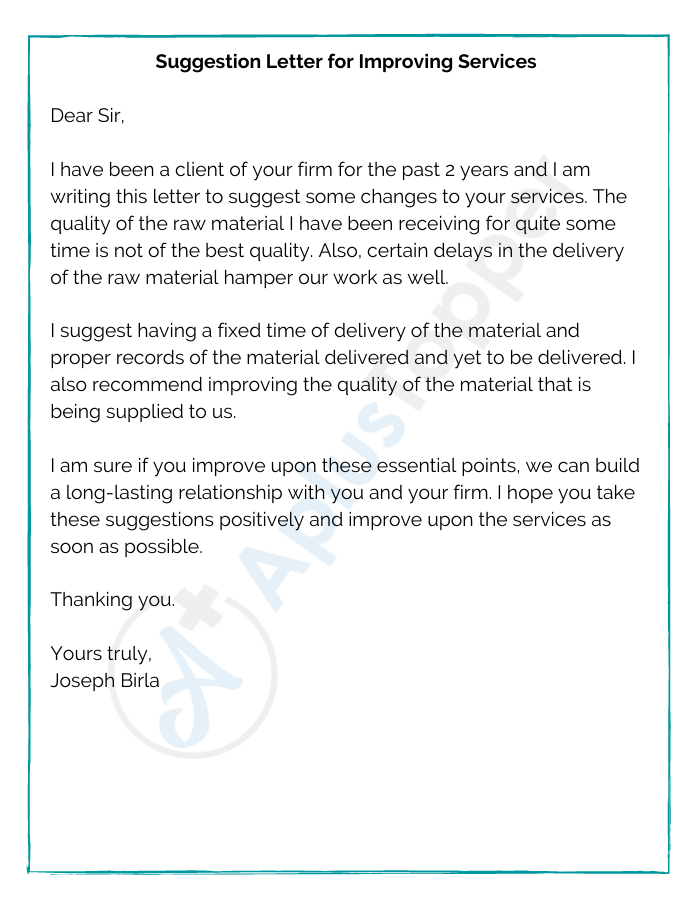 Suggestion Letter for Improving Services