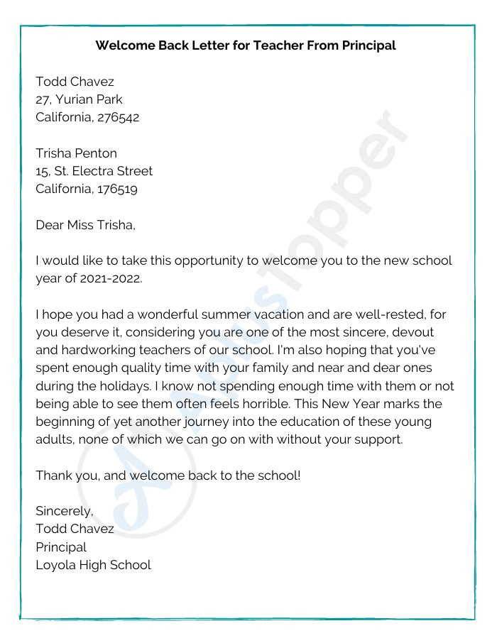 Welcome Back Letter for Teacher From Principal