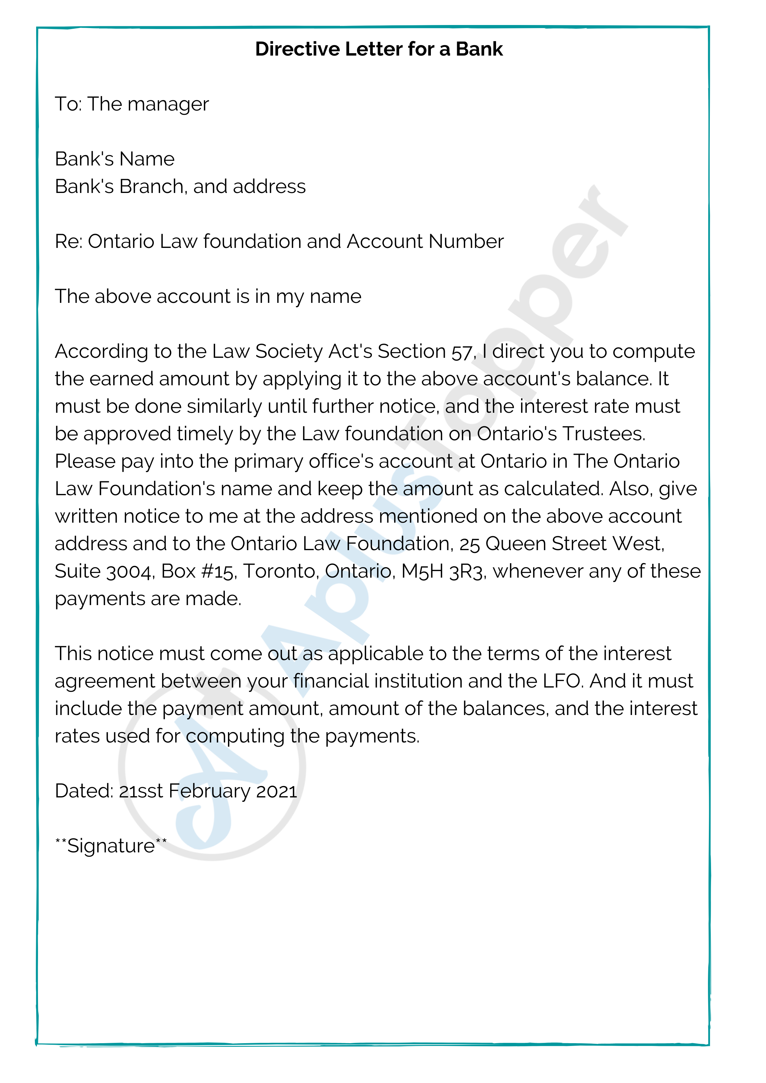 Directive Letter for a Bank