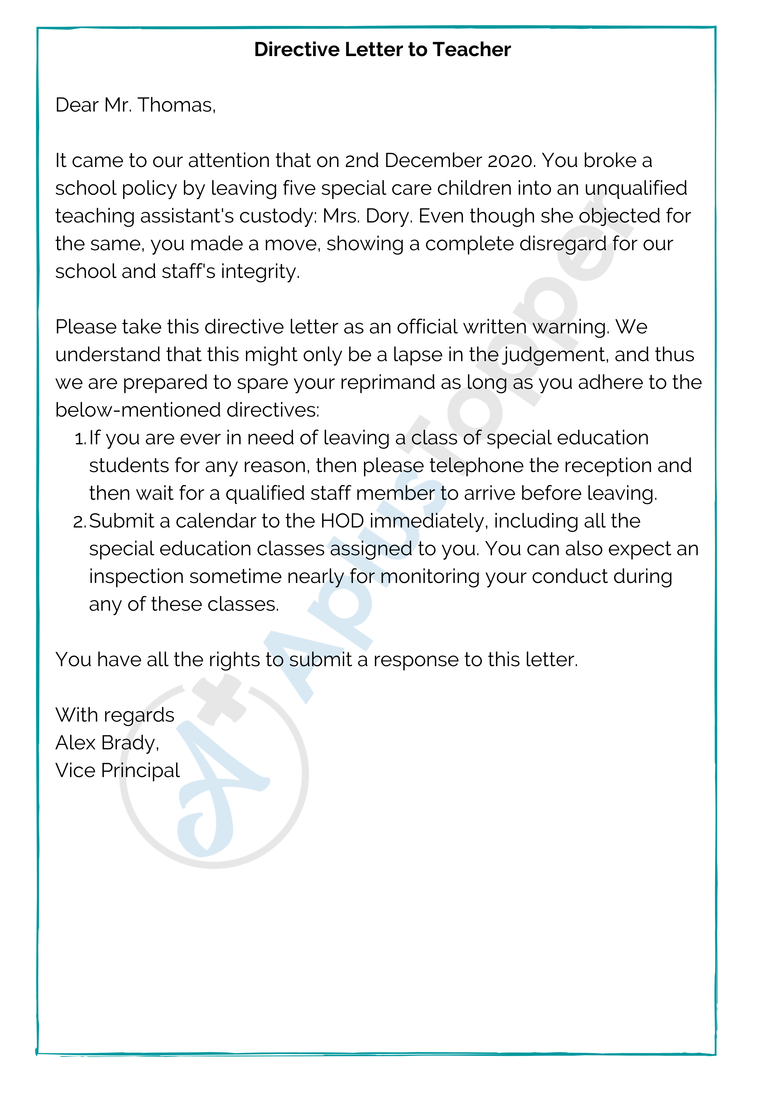 Directive Letter to Teacher