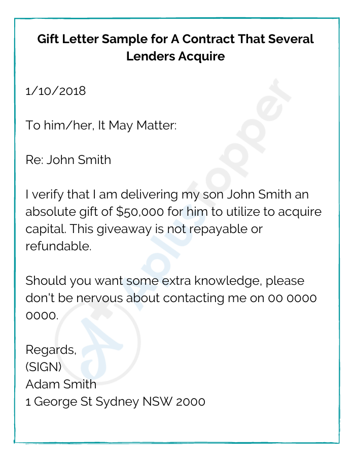 Gift Letter Sample for A Contract That Several Lenders Acquire