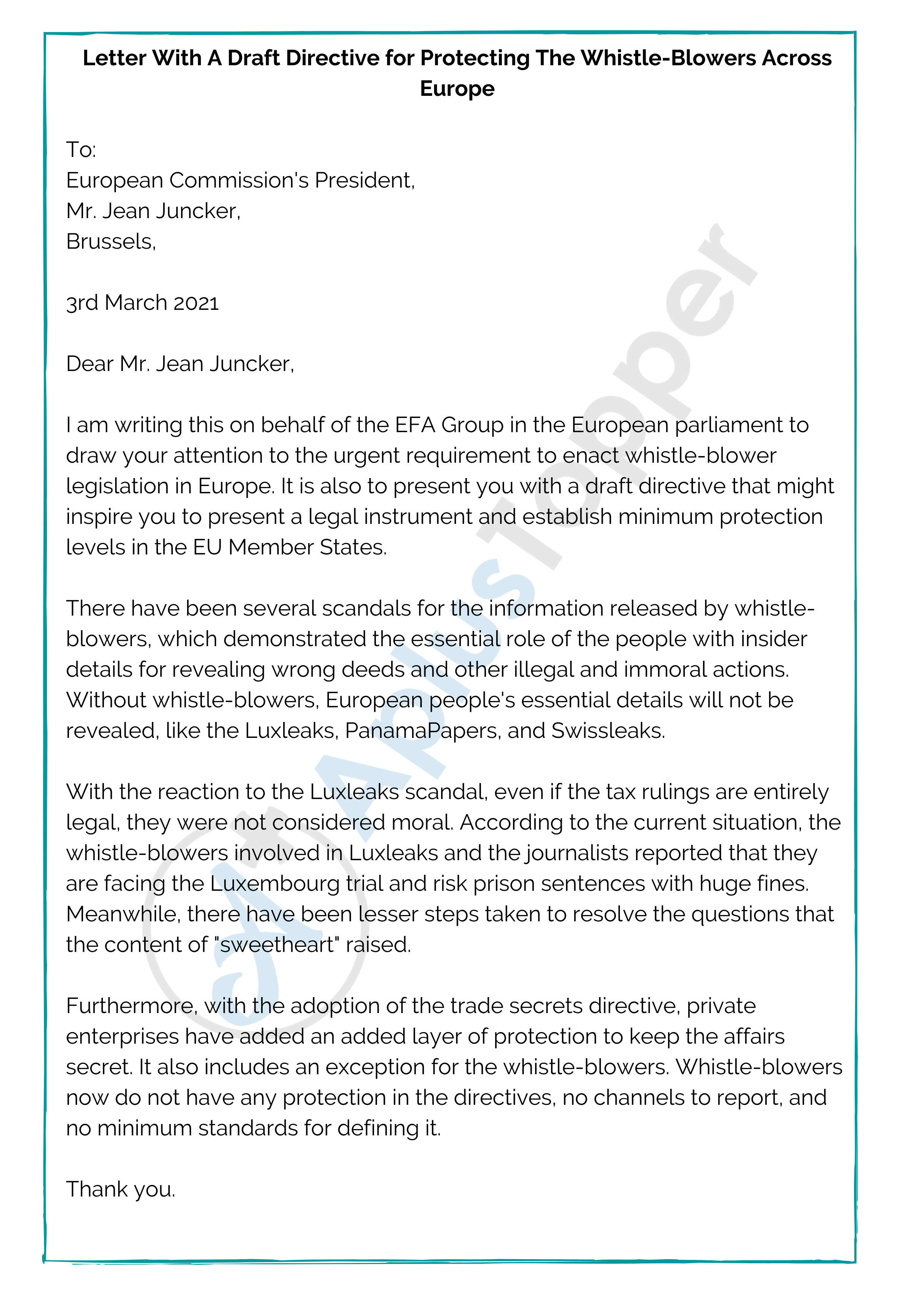 Letter With A Draft Directive for Protecting The Whistle-Blowers Across Europe