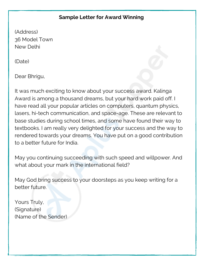 Sample Letter for Award Winning