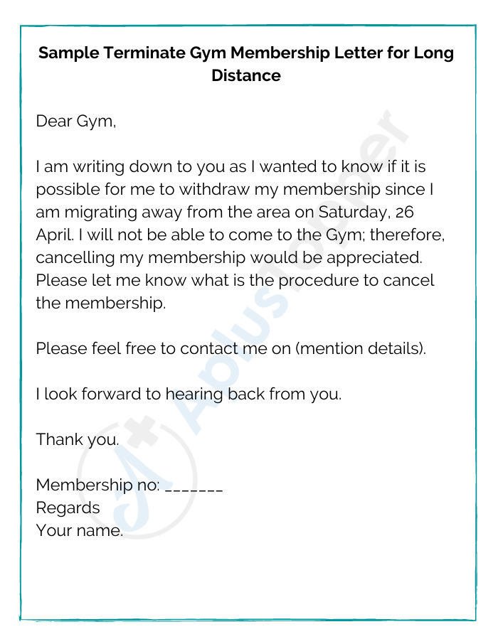 Sample Terminate Gym Membership Letter for Long Distance