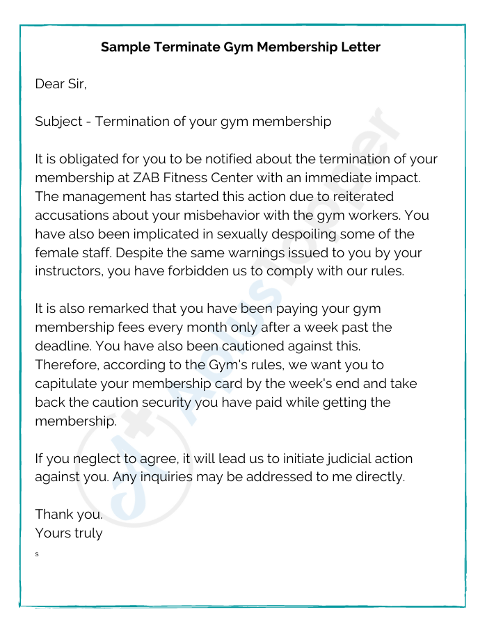Sample Terminate Gym Membership Letter