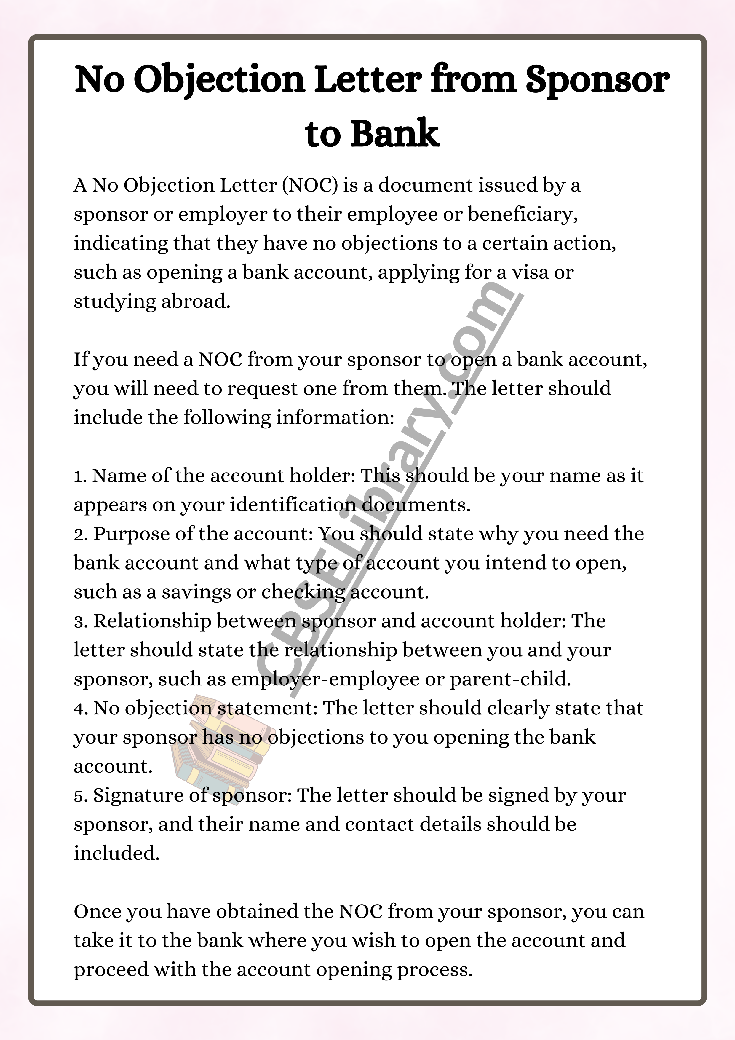 No Objection Letter from Sponsor to Bank