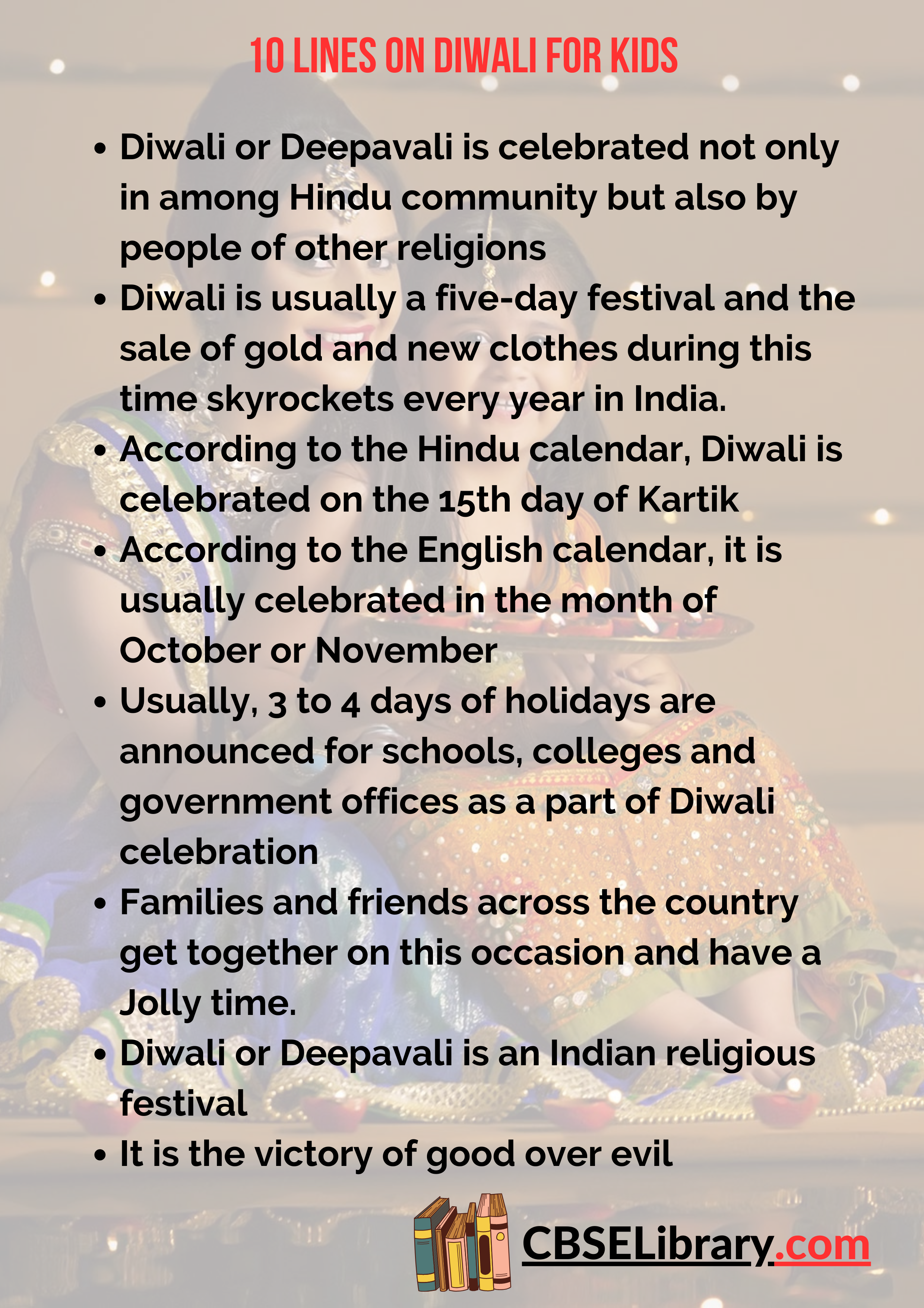 Diwali or Deepavali is an Indian religious festival It is the victory of good over evil