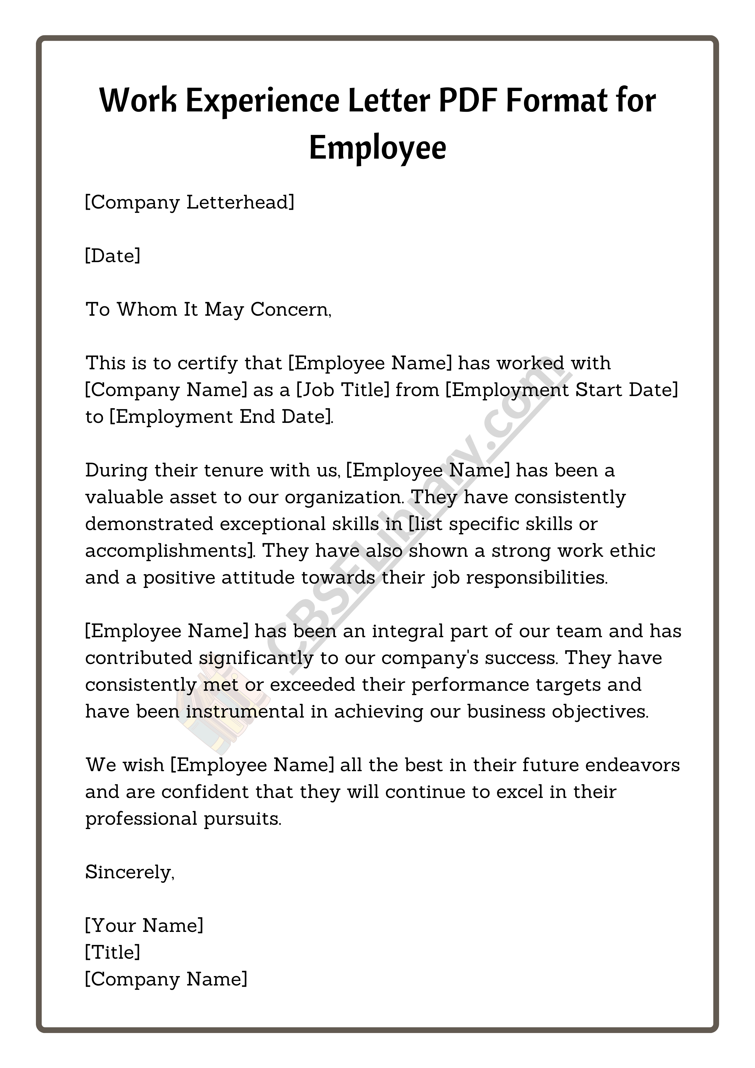 Work Experience Letter PDF Format for Employee