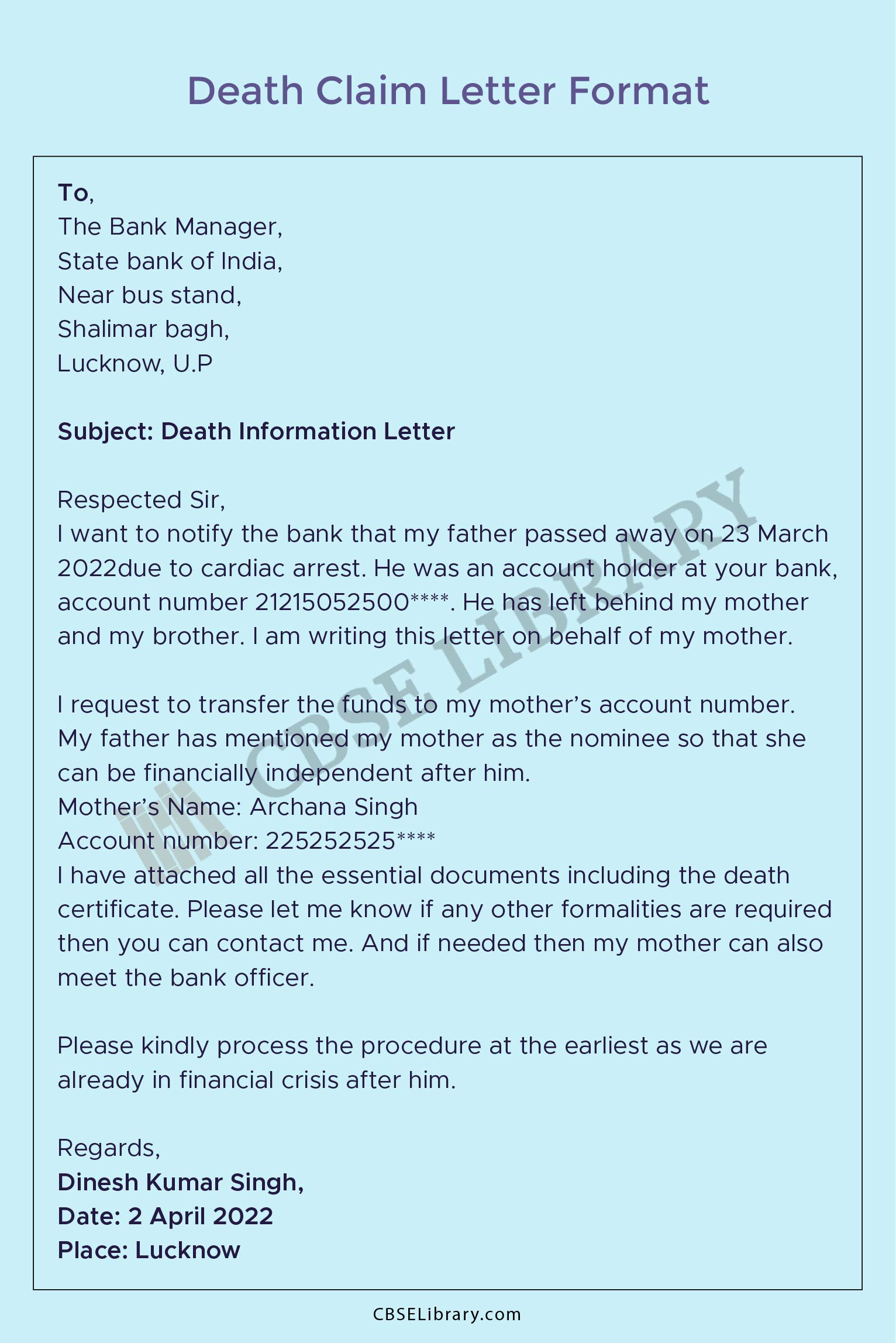 Death Claim Letter Format for Bank 1
