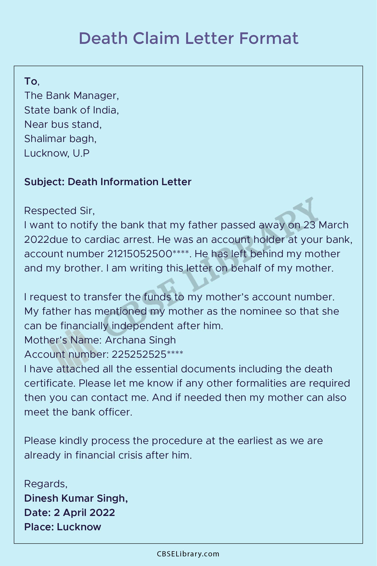 death claim application letter for bank in english