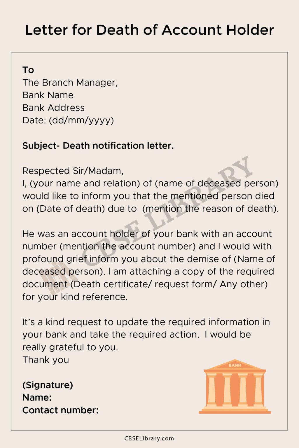 Letter To Bank for Death Of Account Holder Death Claim Letter to Bank