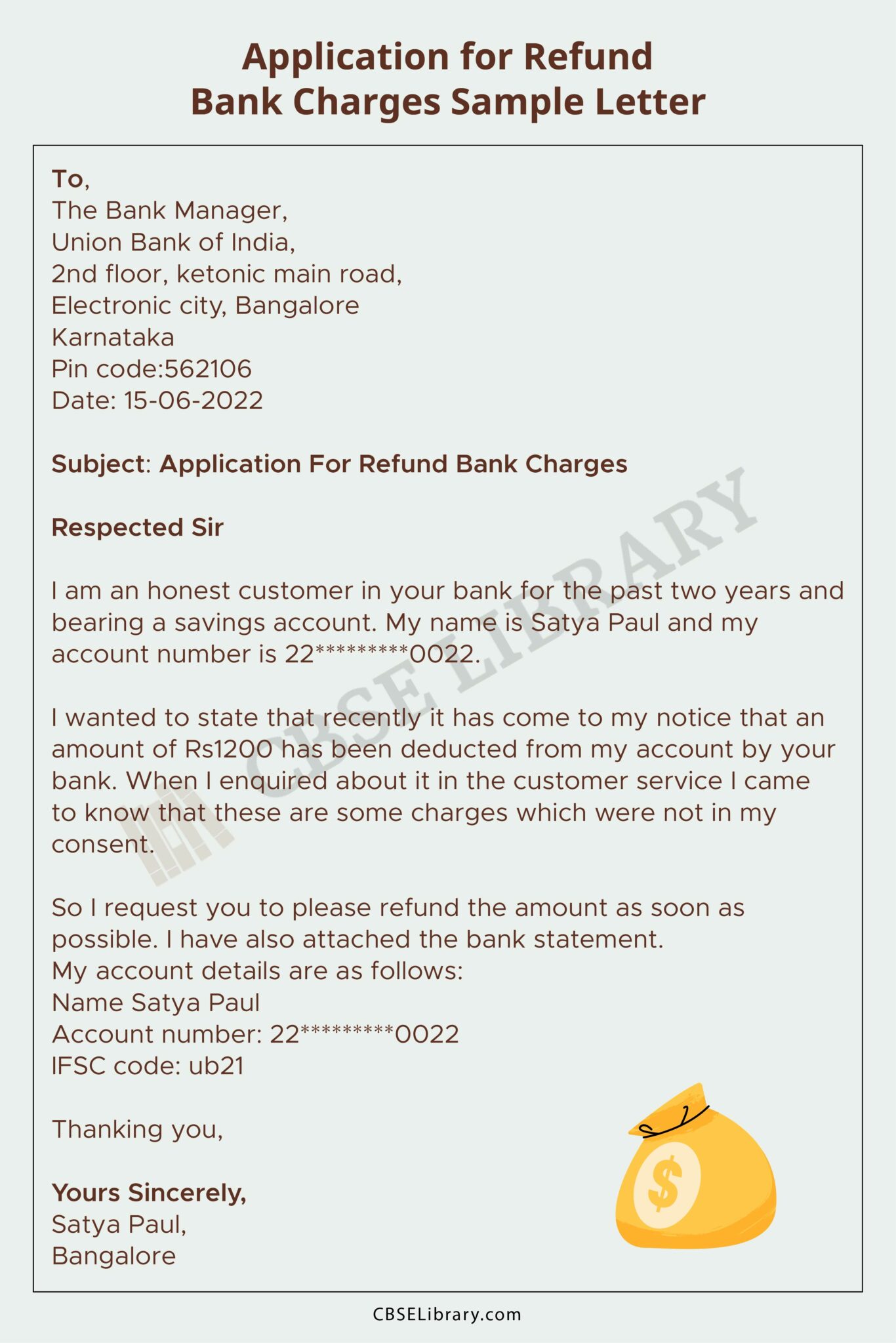 sample application letter refund of money from bank