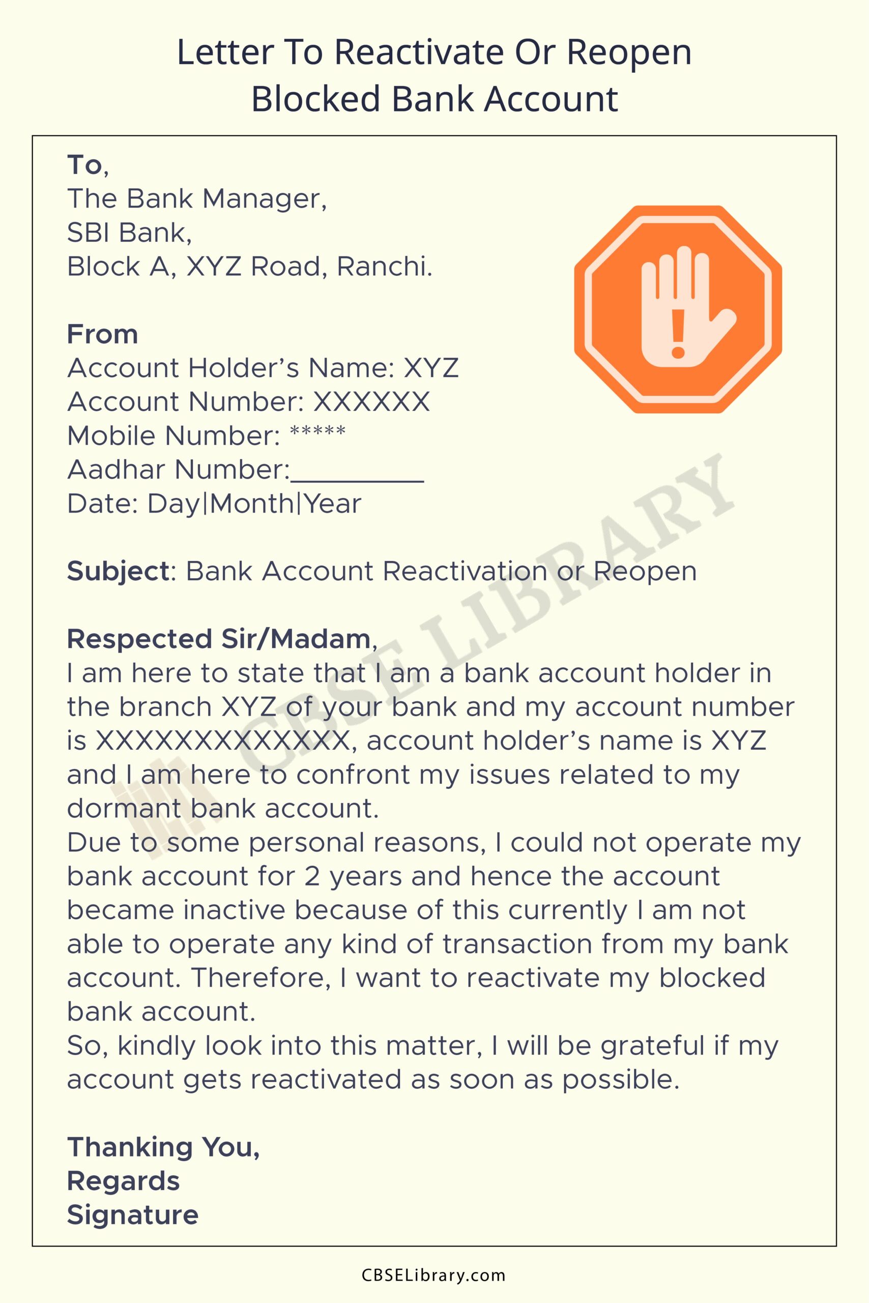 Bank Account Blocked Reopen Request Letter