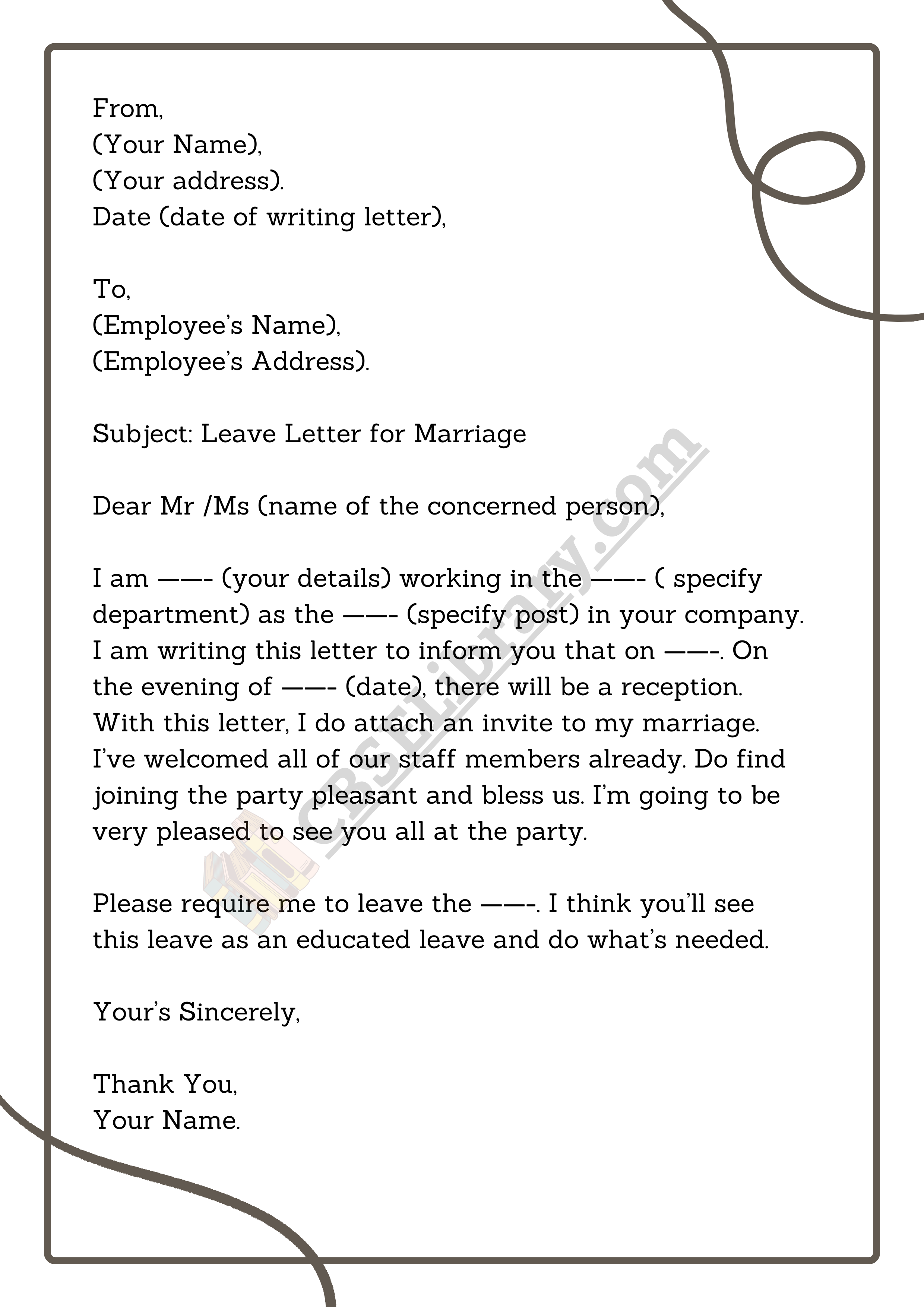 leave application letter for office for wedding